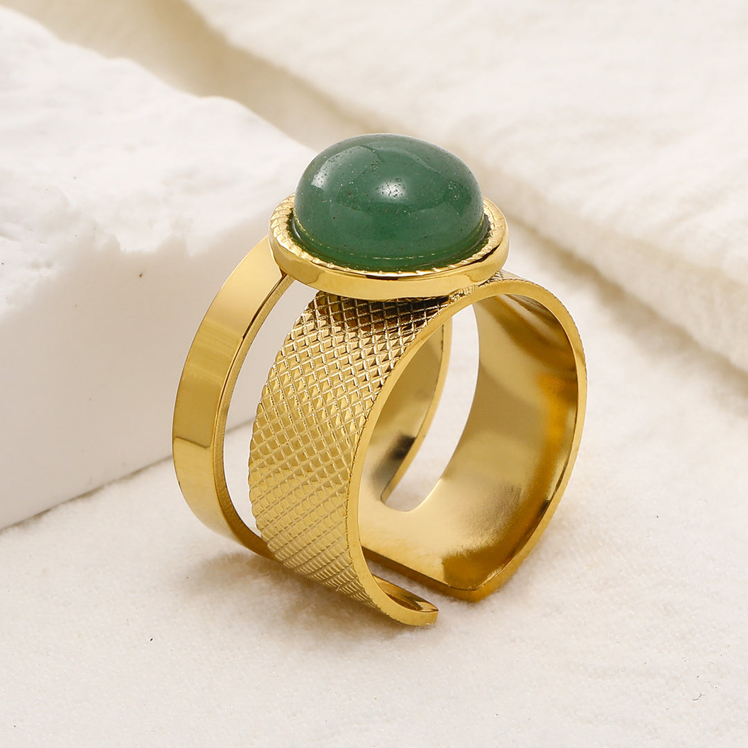 Olivenorma Natural Stone Retro Stainless Steel Adjustable Ring - Green Aventurine - image 1