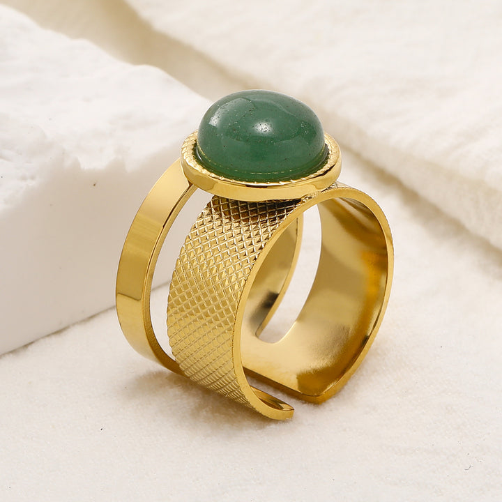Olivenorma Natural Stone Retro Stainless Steel Adjustable Ring - Green Aventurine - image 1
