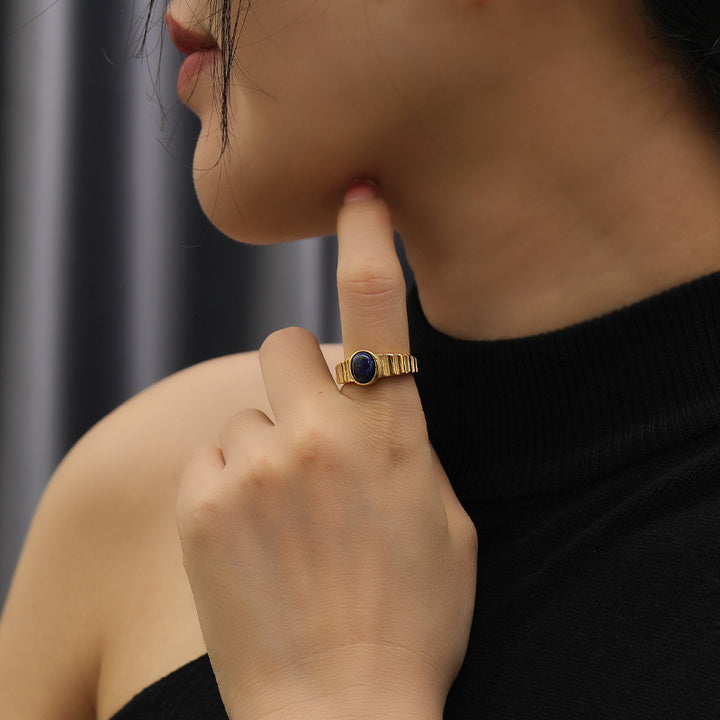 Olivenorma Lapis Lazuli Gold Vertical Pattern Titanium Steel Ring - image 1