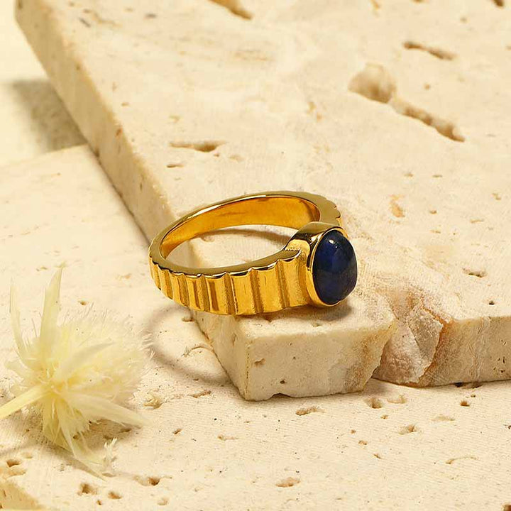 Olivenorma Lapis Lazuli Gold Vertical Pattern Titanium Steel Ring - image 4