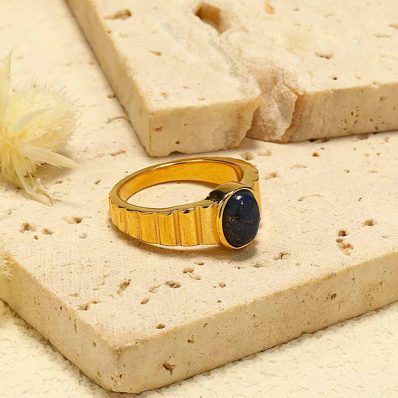 Olivenorma Lapis Lazuli Gold Vertical Pattern Titanium Steel Ring - image 3