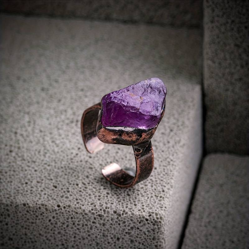 Olivenorma 1PC Natural Raw Stone Irregular Adjustable Ring - Amethyst - image 2