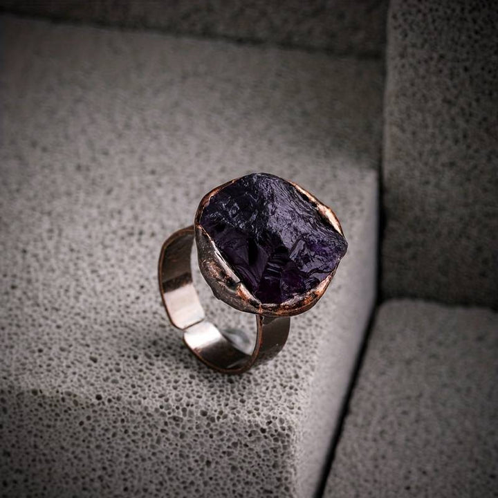 Olivenorma 1PC Natural Raw Stone Irregular Adjustable Ring - Obsidian - image 4