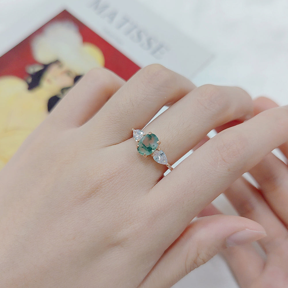 Olivenorma Moss Agate Bilateral White Zircon Ring - image 1