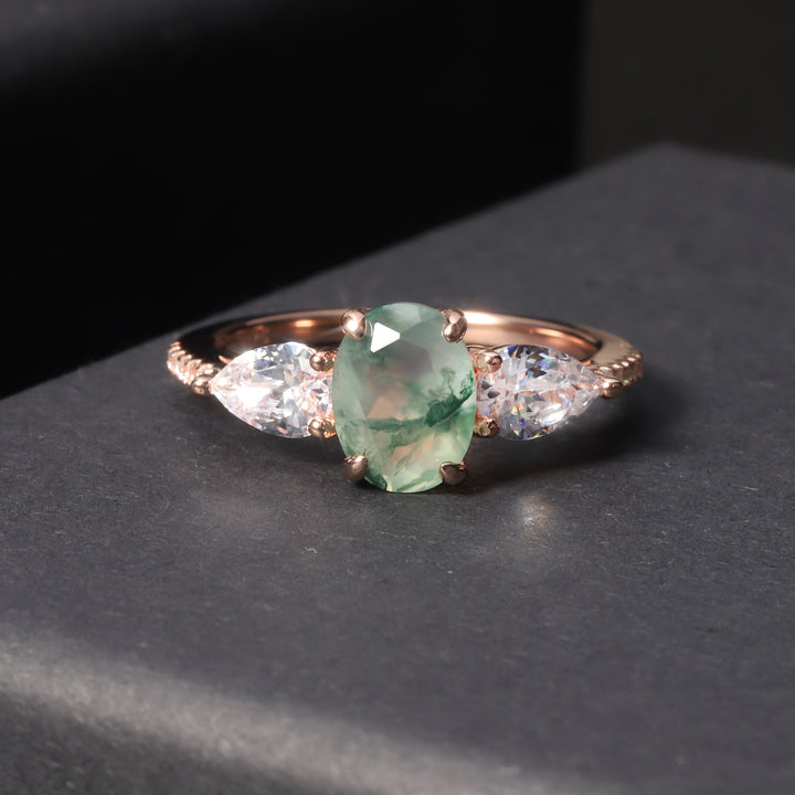 Olivenorma Moss Agate Bilateral White Zircon Ring - image 6