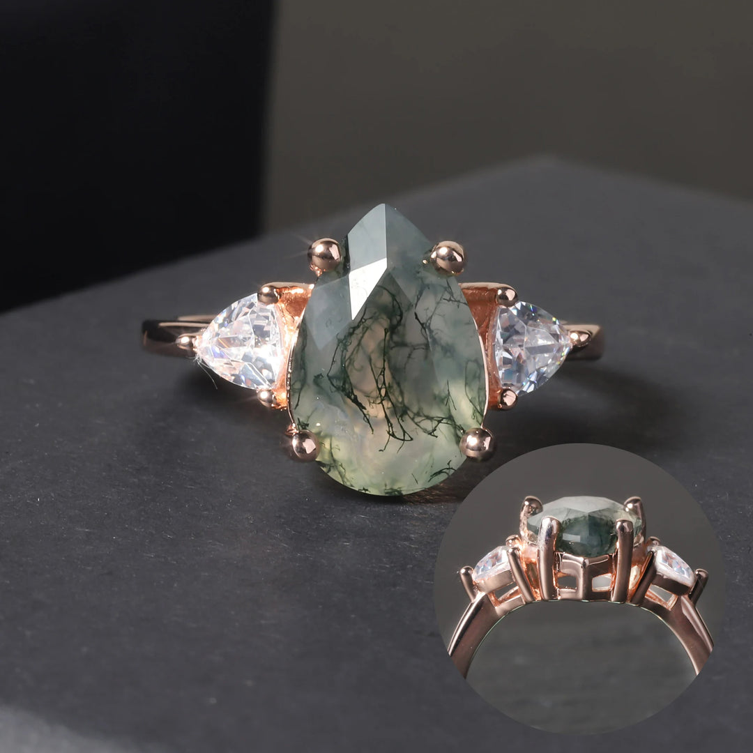Olivenorma Moss Agate Teardrop Wedding Engagement Ring - image 3