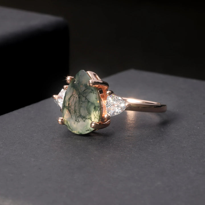 Olivenorma Moss Agate Teardrop Wedding Engagement Ring - image 6