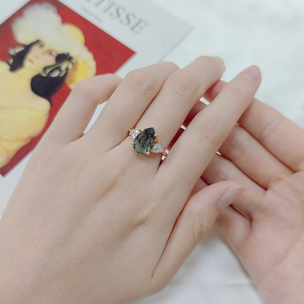 Olivenorma Moss Agate Teardrop Wedding Engagement Ring - image 1