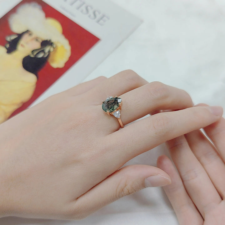 Olivenorma Moss Agate Teardrop Wedding Engagement Ring - image 2
