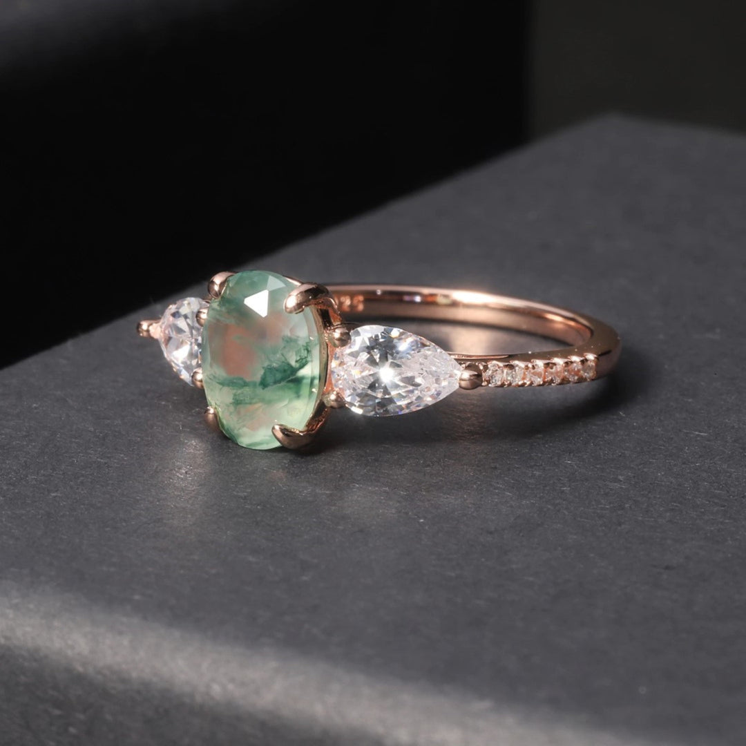 Olivenorma Moss Agate Bilateral White Zircon Ring - image 5