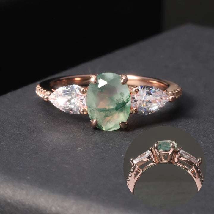 Olivenorma Moss Agate Bilateral White Zircon Ring - image 2