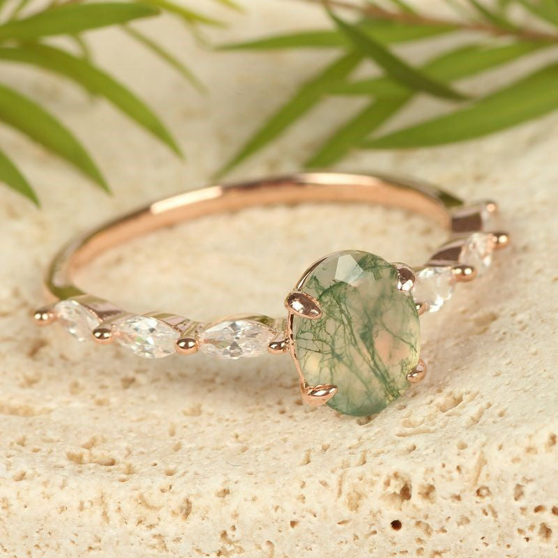 Olivenorma Women Solitaire Oval Moss Agate Ring - 10 - image 0