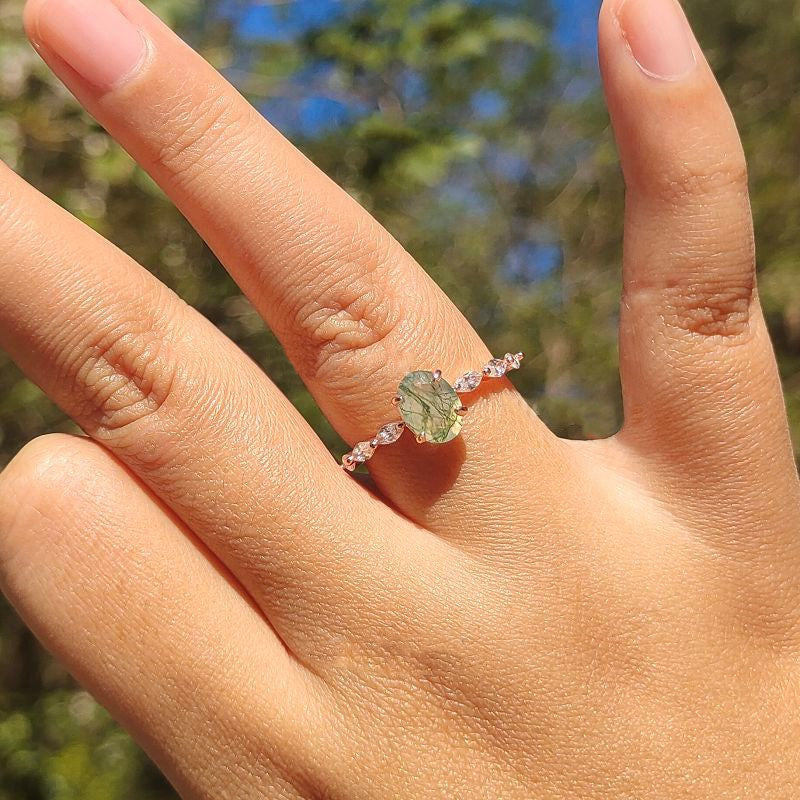 Olivenorma Women Solitaire Oval Moss Agate Ring - image 1