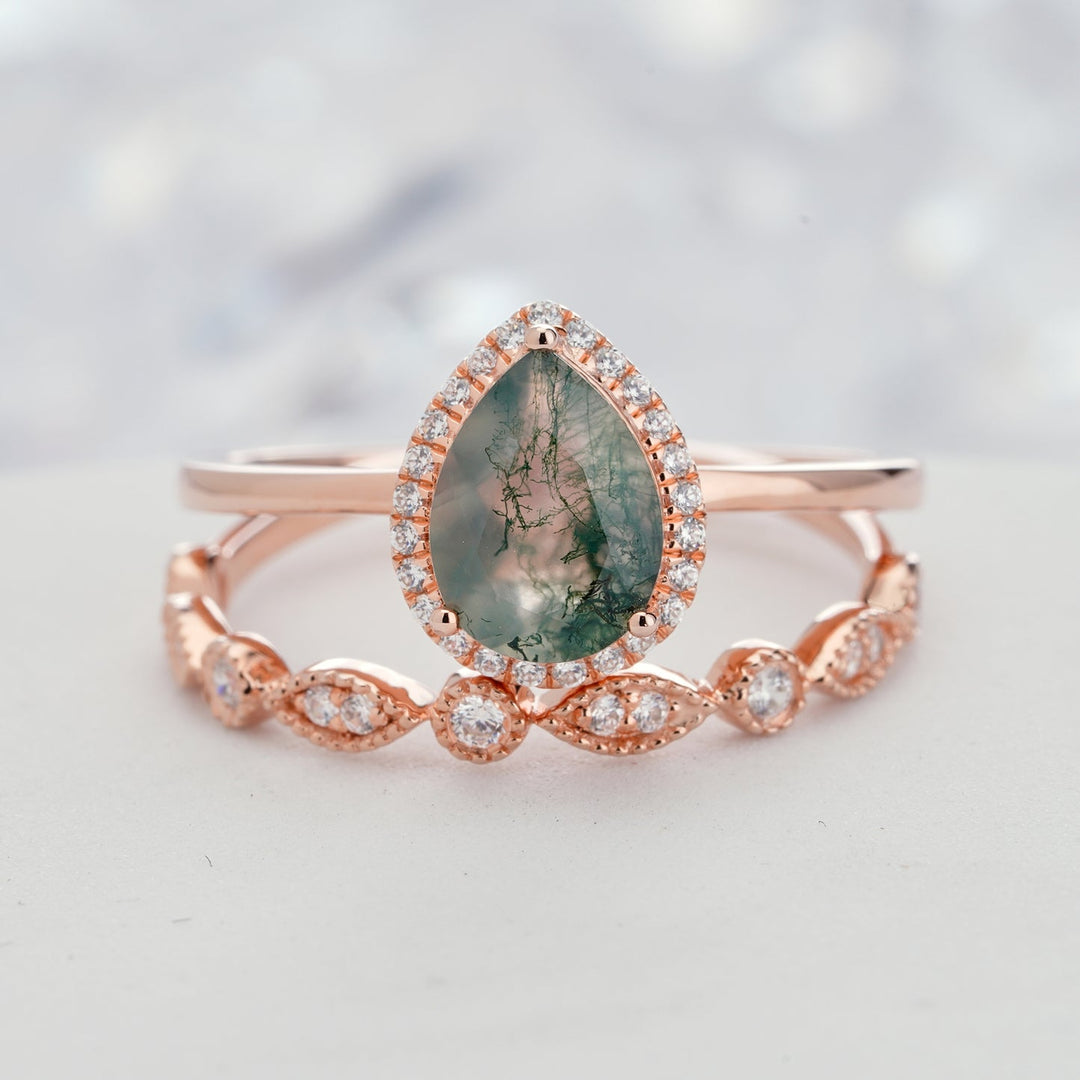 Olivenorma Pear Cut Moss Agate Engagement Ring - 10 - image 0