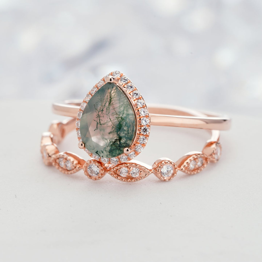 Olivenorma Pear Cut Moss Agate Engagement Ring - image 5
