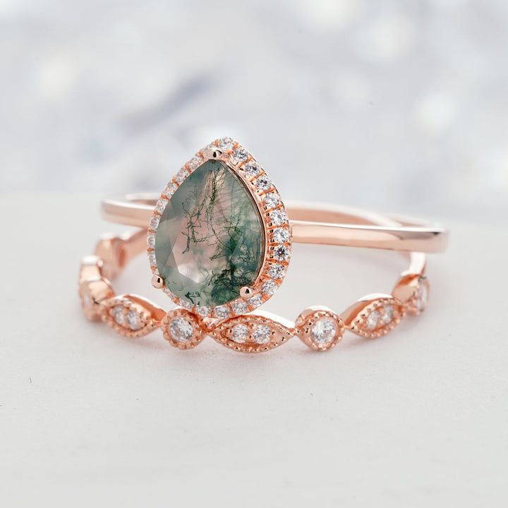 Olivenorma Pear Cut Moss Agate Engagement Ring - image 5