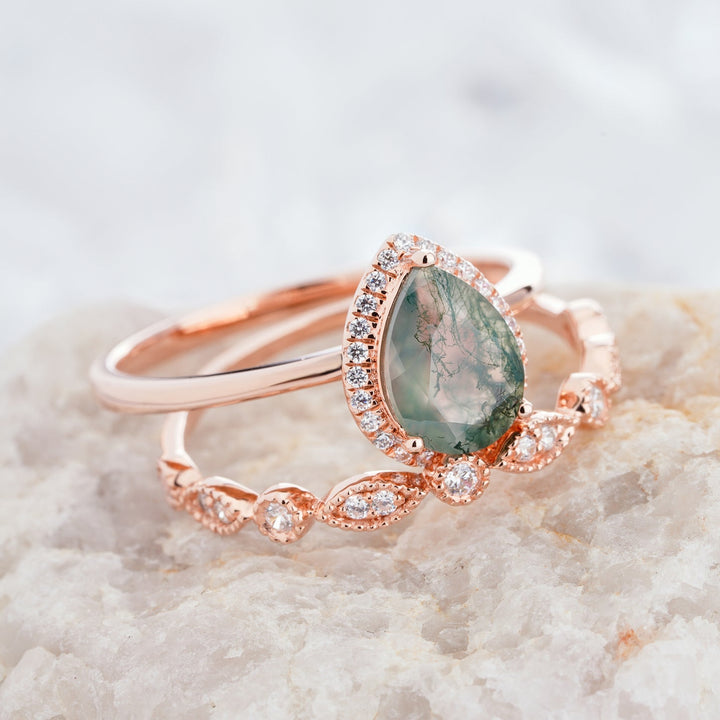 Olivenorma Pear Cut Moss Agate Engagement Ring - image 4
