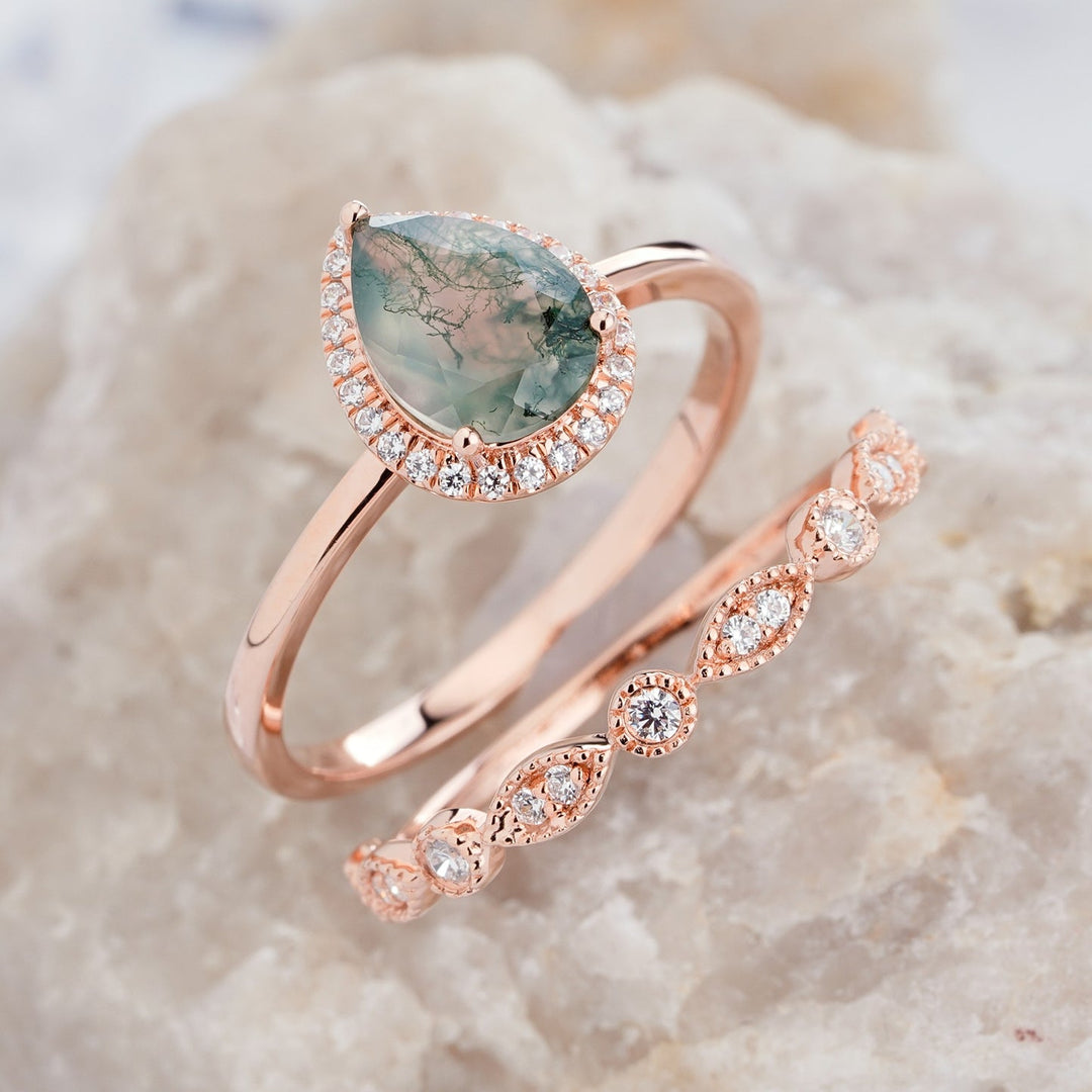 Olivenorma Pear Cut Moss Agate Engagement Ring - image 2