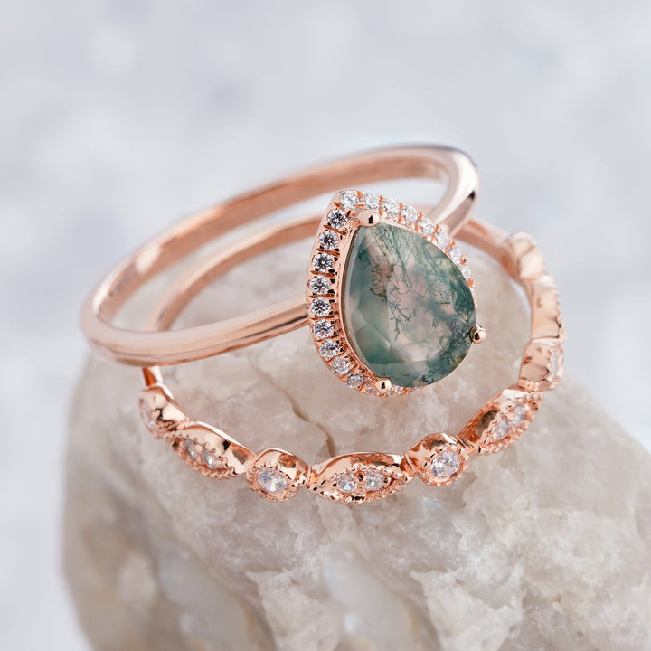 Olivenorma Pear Cut Moss Agate Engagement Ring - image 3