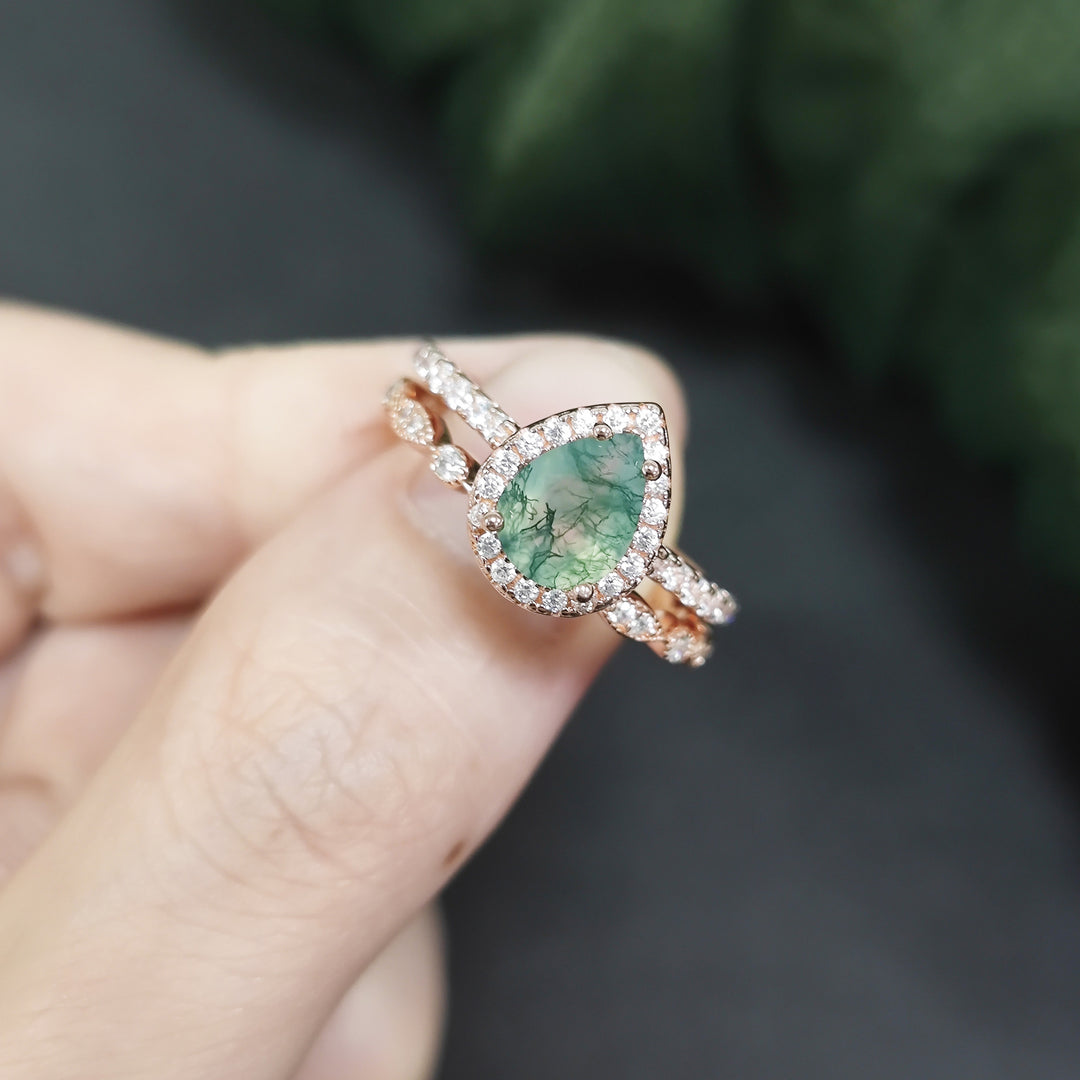 Olivenorma Pear Cut Moss Agate Engagement Ring - image 9