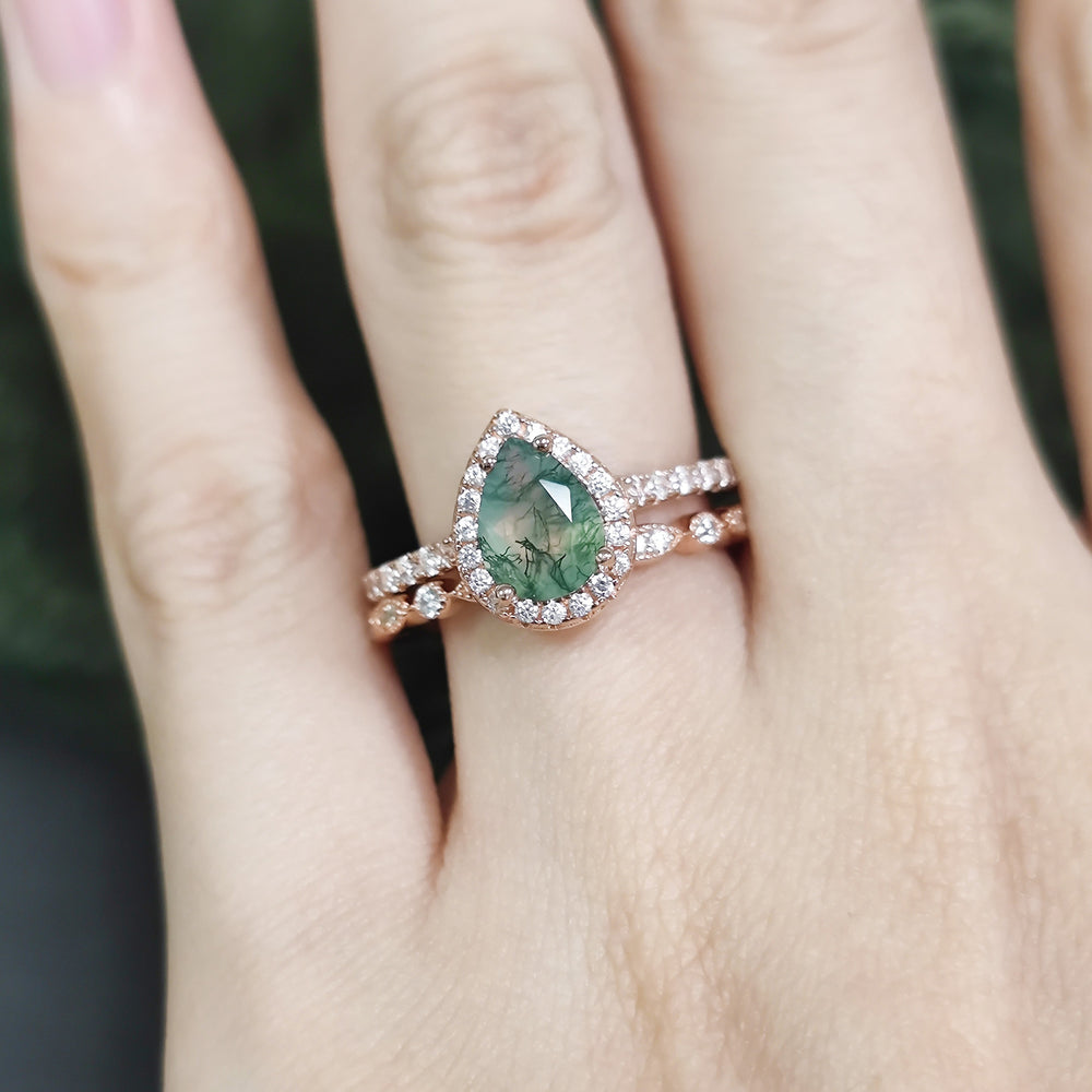 Olivenorma Pear Cut Moss Agate Engagement Ring - image 1