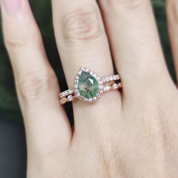 Olivenorma Pear Cut Moss Agate Engagement Ring - image 1