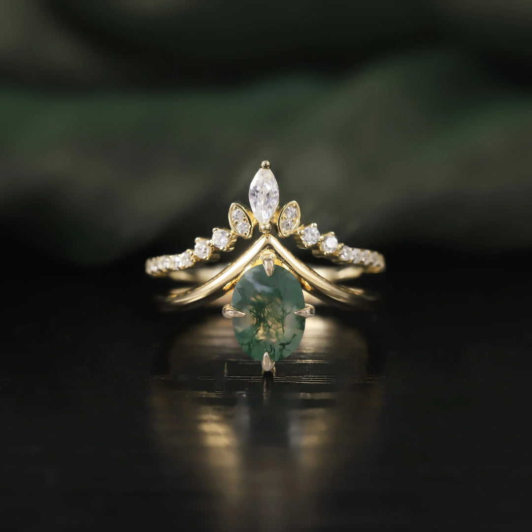 Olivenorma Moss Agate V Shape Engagement Ring Set - 10 - image 0