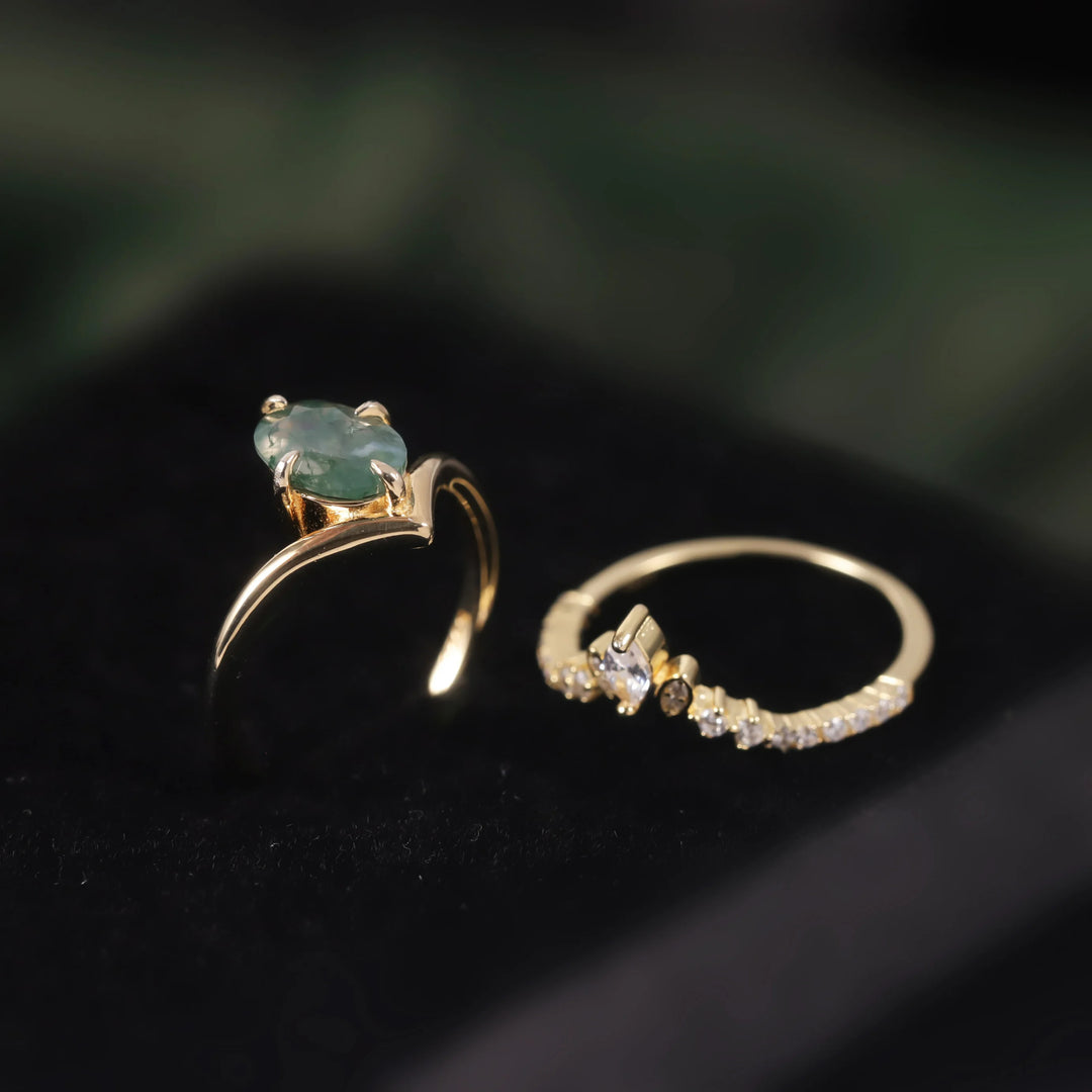 Olivenorma Moss Agate V Shape Engagement Ring Set - image 3