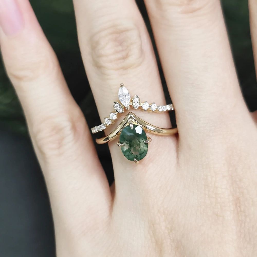Olivenorma Moss Agate V Shape Engagement Ring Set - image 1