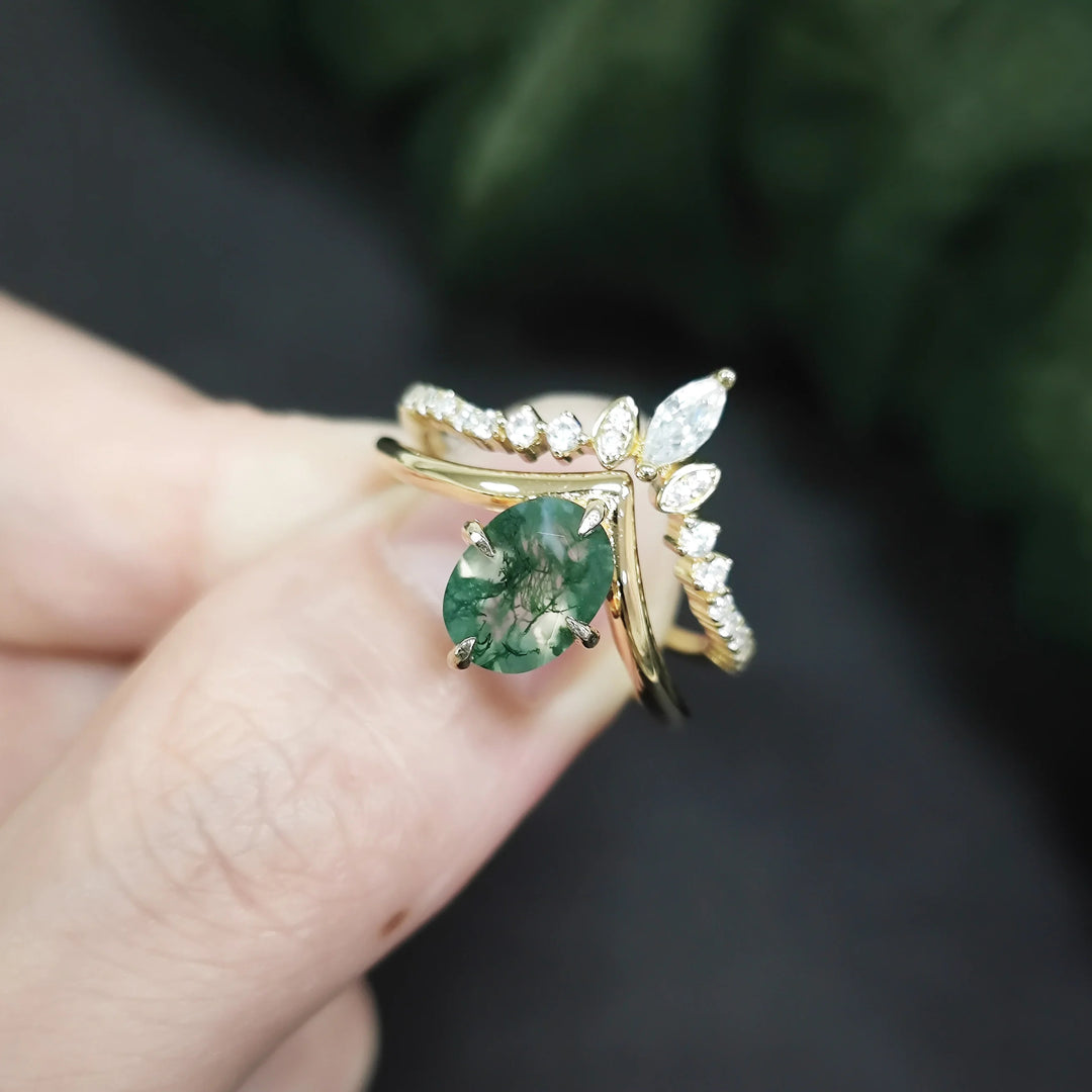 Olivenorma Moss Agate V Shape Engagement Ring Set - image 2