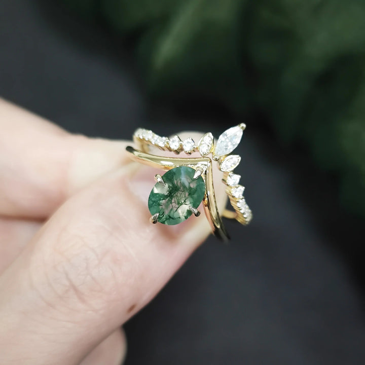 Olivenorma Moss Agate V Shape Engagement Ring Set - image 2