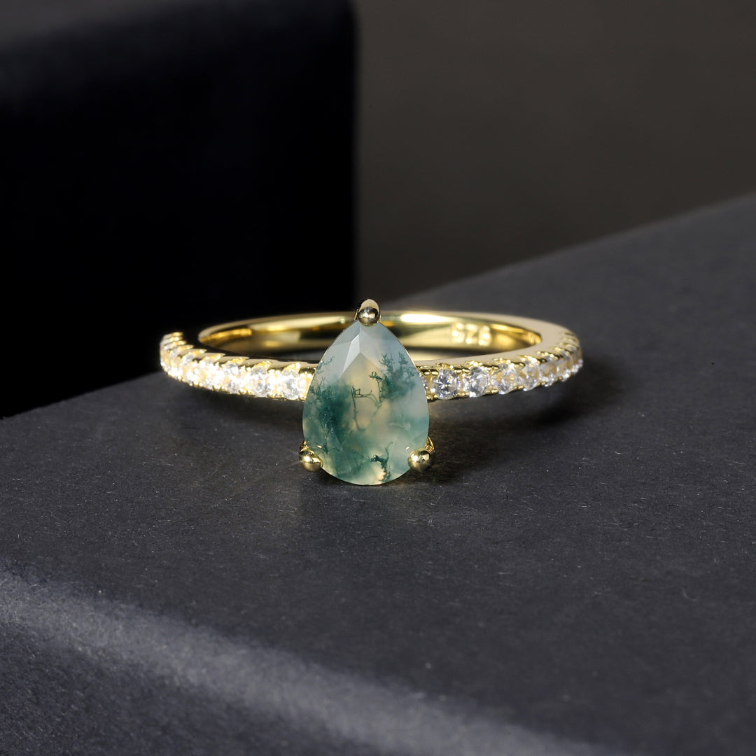 Olivenorma Drop Shaped Moss Agate Inlaid White Zircon Ring - 10 - image 0