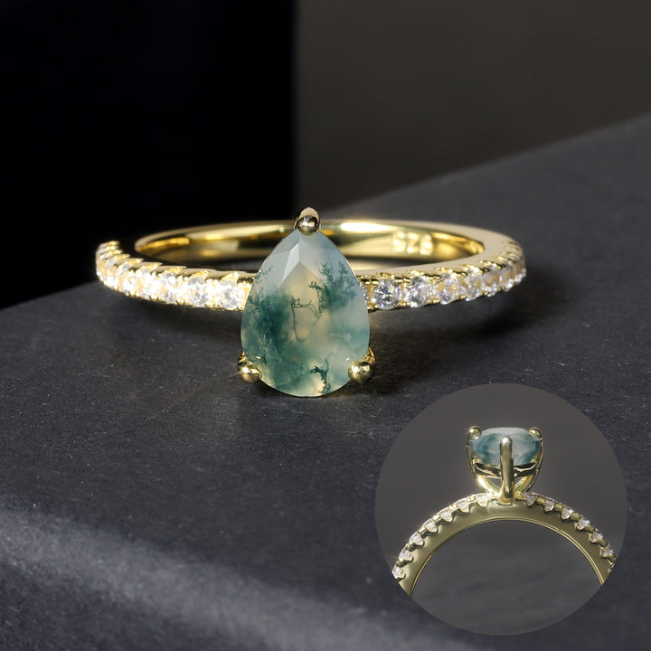 Olivenorma Drop Shaped Moss Agate Inlaid White Zircon Ring - image 2