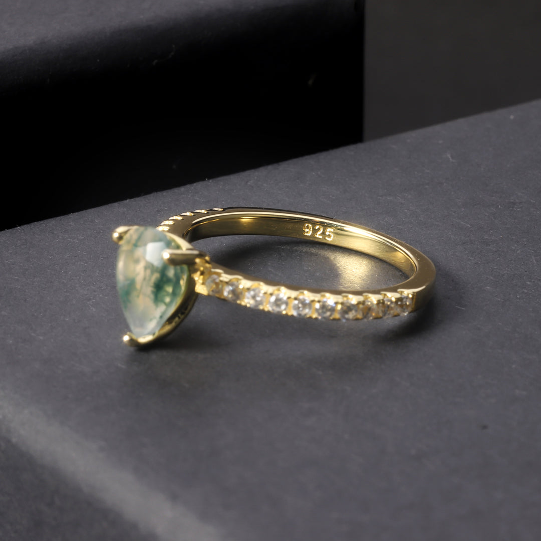 Olivenorma Drop Shaped Moss Agate Inlaid White Zircon Ring - image 3