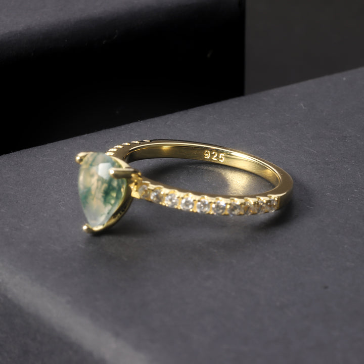 Olivenorma Drop Shaped Moss Agate Inlaid White Zircon Ring - image 3