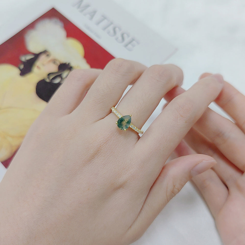 Olivenorma Drop Shaped Moss Agate Inlaid White Zircon Ring - image 1