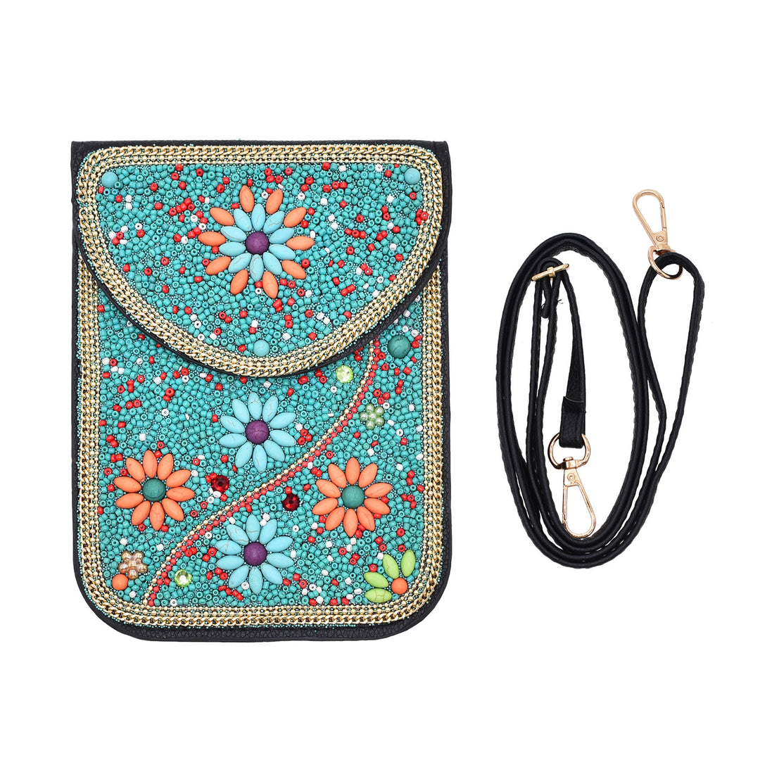 Olivenorma Bohemian Beaded Flower Mobile Phone Bag - Lake Blue & Flowers - image 0