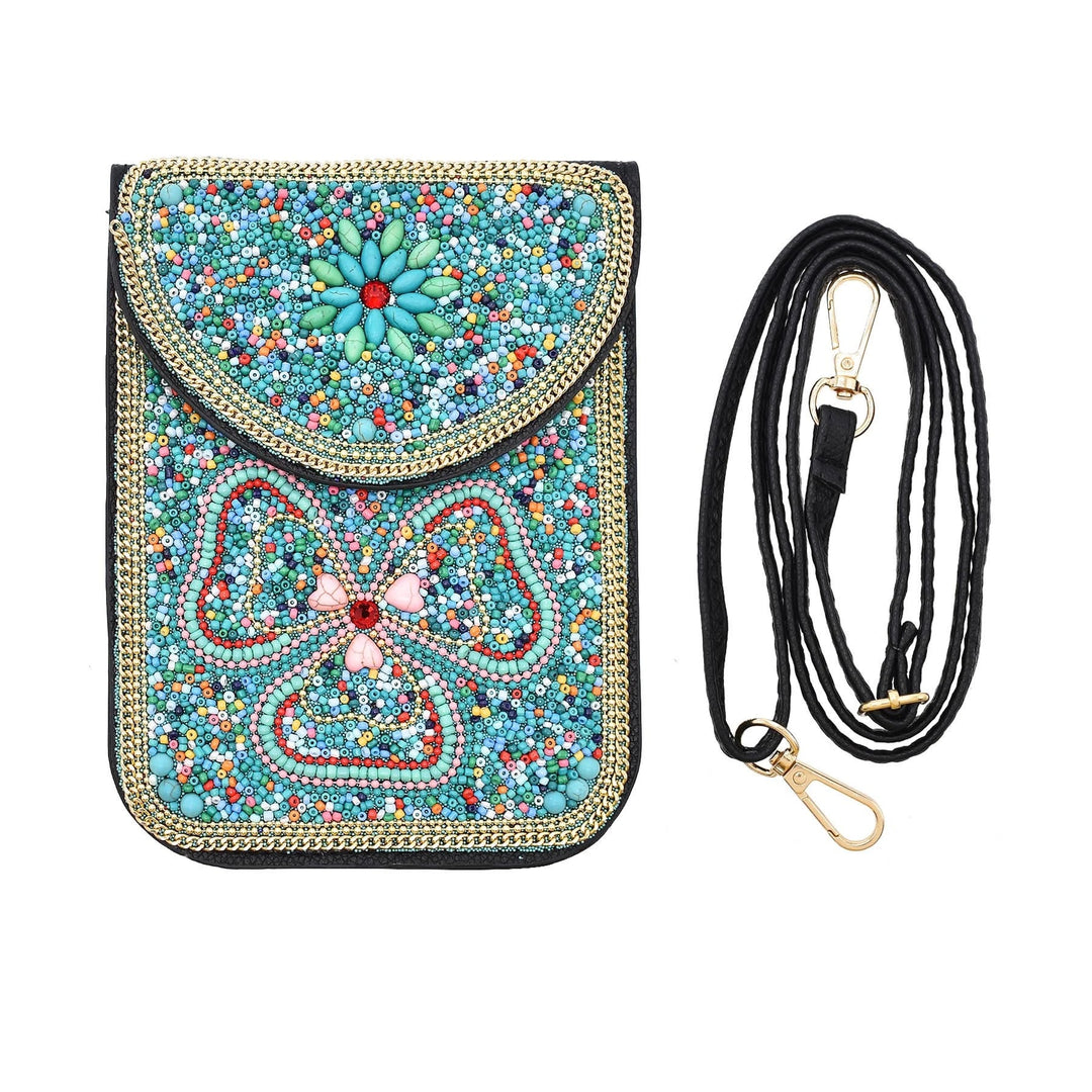 Olivenorma Bohemian Beaded Flower Mobile Phone Bag - Lake Blue & Clover Flowers - image 37