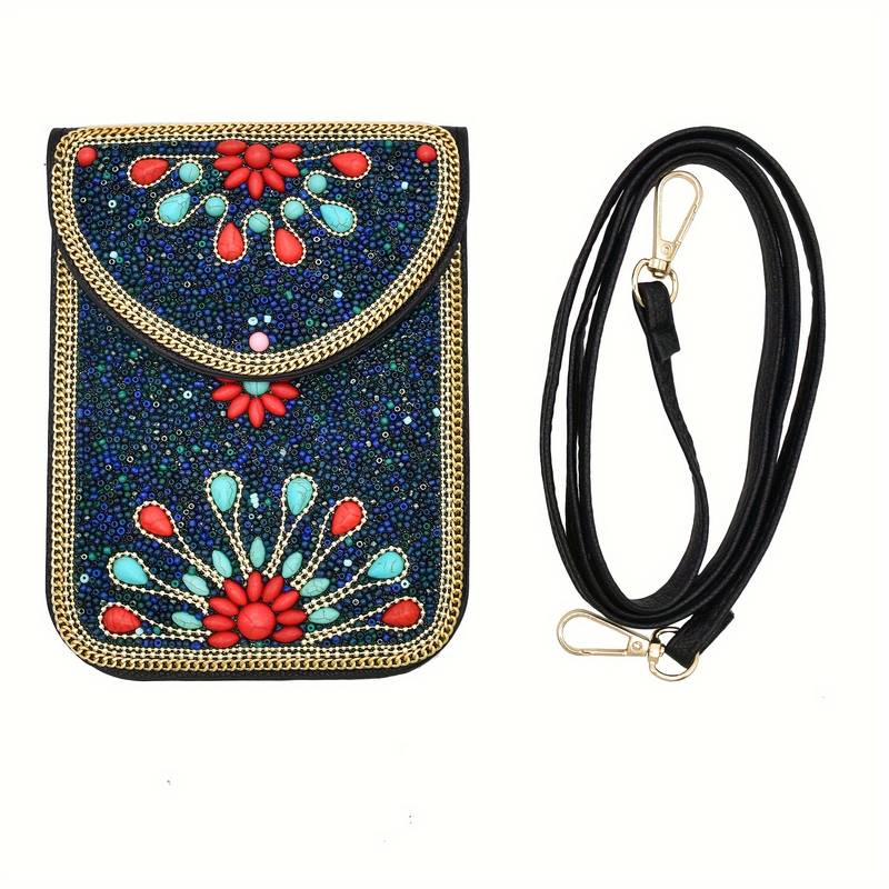 Olivenorma Ethnic Style Beaded Crossbody Mobile Phone Bag - Blue - image 0