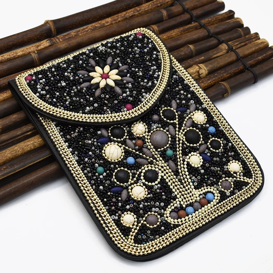 Olivenorma Bohemian Natural Stone Rice Beads Mobile Phone Bag - Black & Tree of Life - image 0