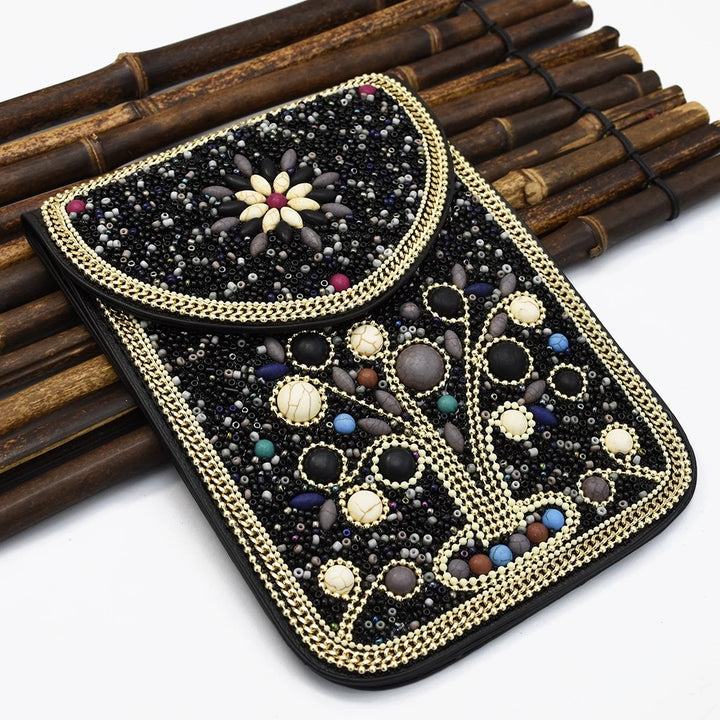 Olivenorma Bohemian Natural Stone Rice Beads Mobile Phone Bag - Black & Tree of Life - image 0