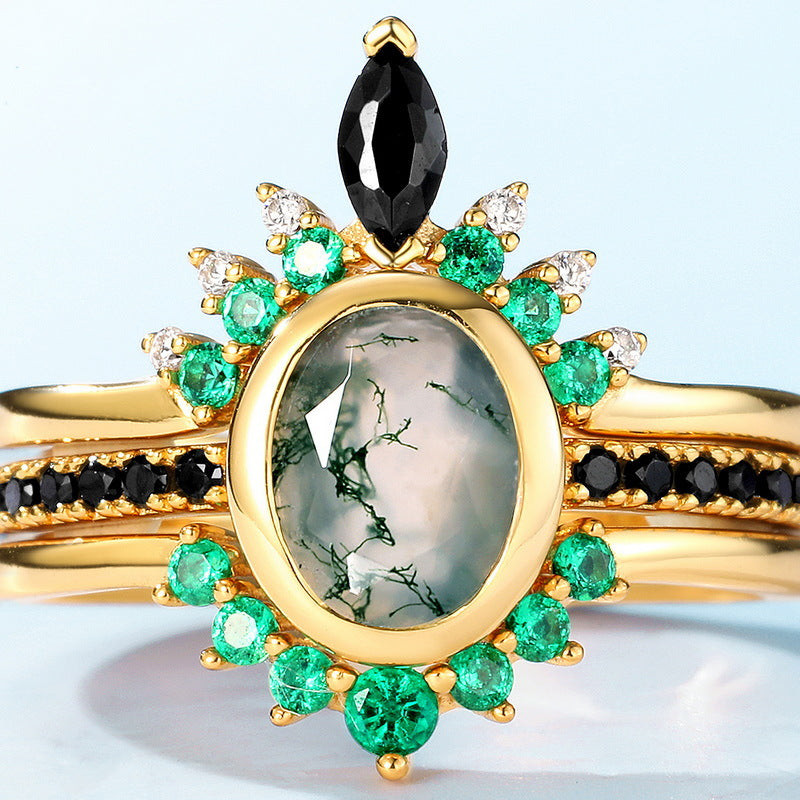 Olivenorma Moss Agate Zircon Three Layer Ring - image 5