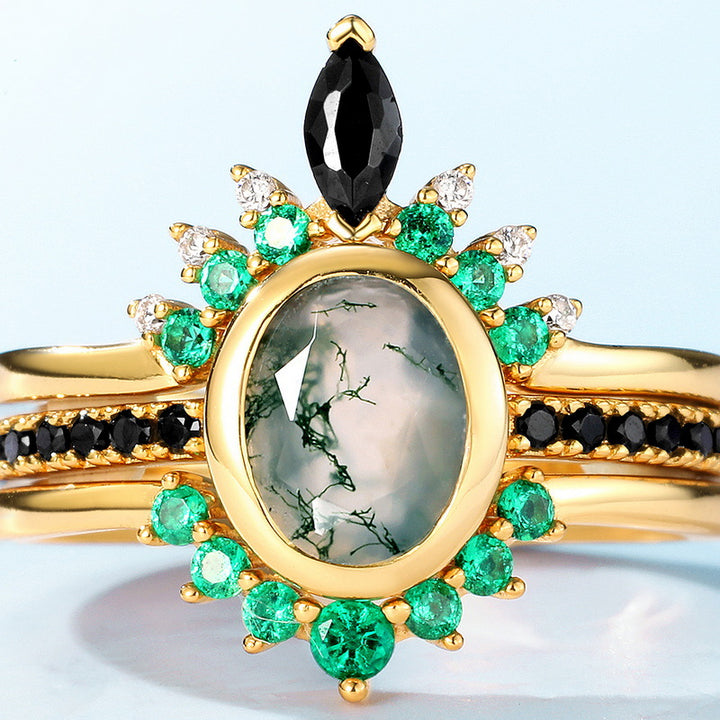 Olivenorma Moss Agate Zircon Three Layer Ring - image 5