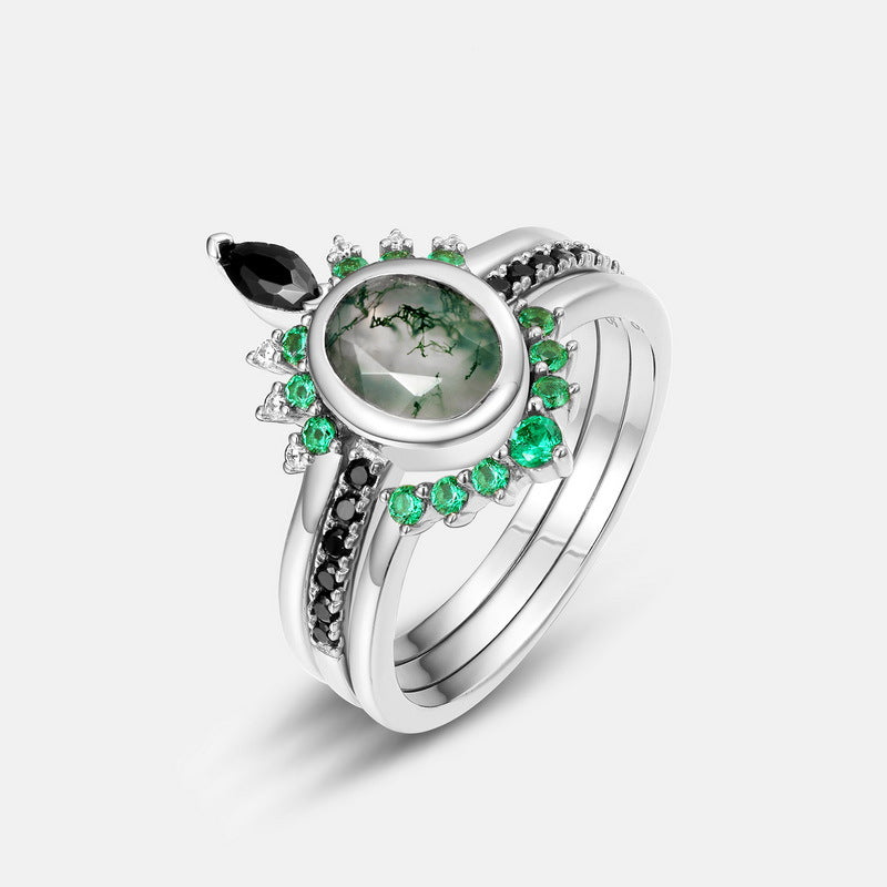 Olivenorma Moss Agate Zircon Three Layer Ring - Moss Agate&Silver - 8 - image 0