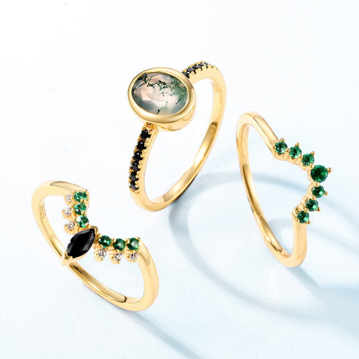 Olivenorma Moss Agate Zircon Three Layer Ring - image 6