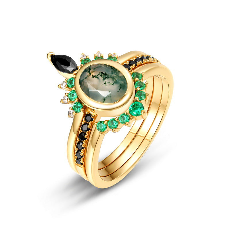 Olivenorma Moss Agate Zircon Three Layer Ring - Moss Agate&Golden - 8 - image 2