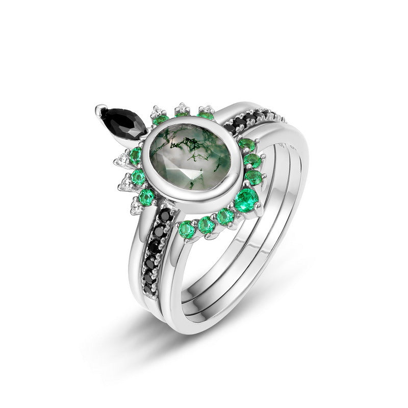 Olivenorma Moss Agate Zircon Three Layer Ring - image 1