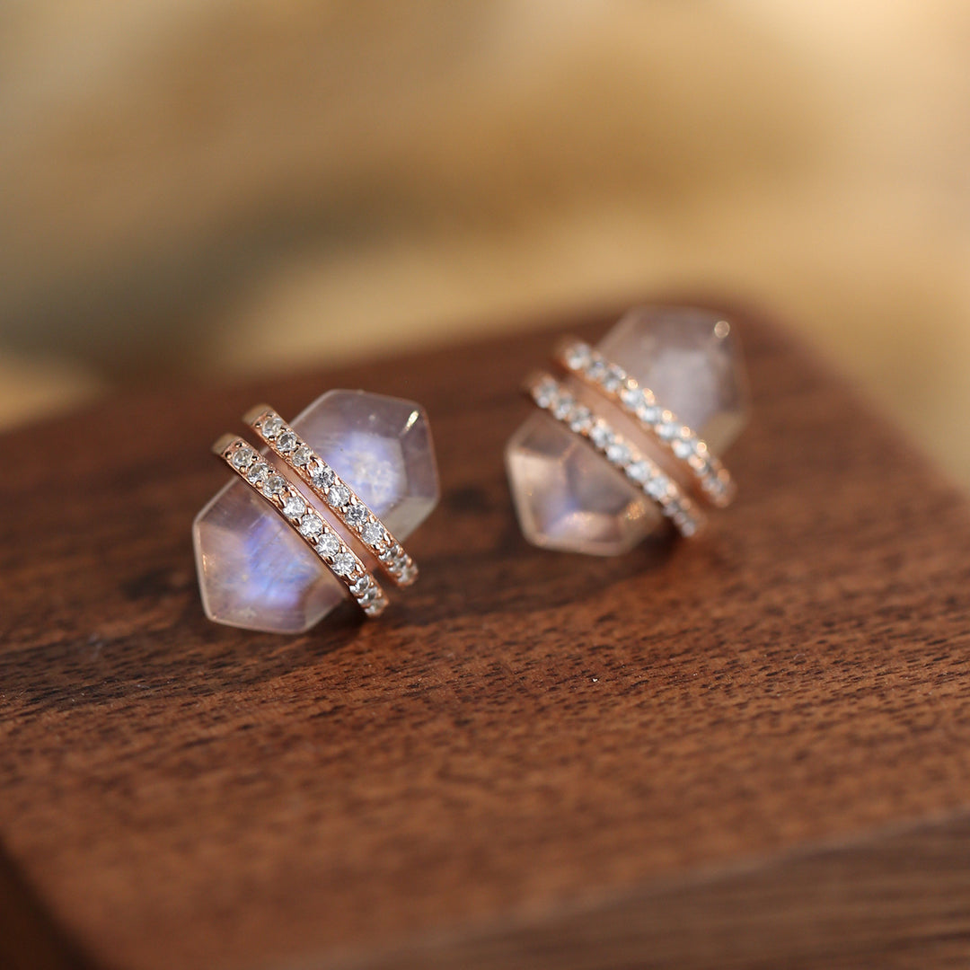 Olivenorma Hexagonal Moonstone White Zircon S925 Sterling Silver Earrings - Moonstone&Gold - image 2