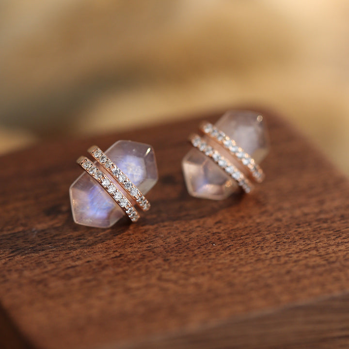 Olivenorma Hexagonal Moonstone White Zircon S925 Sterling Silver Earrings - Moonstone&Gold - image 2