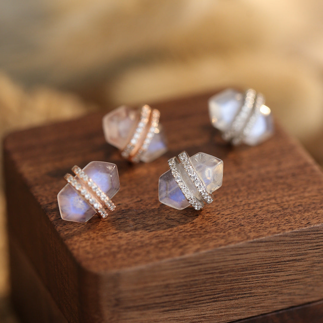 Olivenorma Hexagonal Moonstone White Zircon S925 Sterling Silver Earrings - image 4